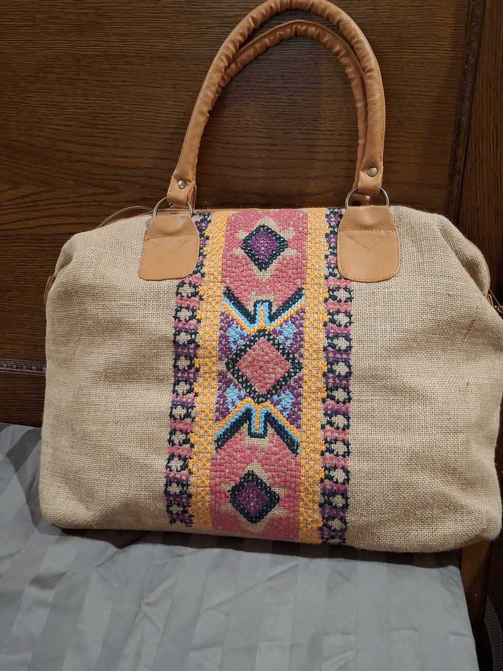Boho Embroidered Tote Bag with Tan Handles - Multicolor Front Panel - Picture 8 of 11